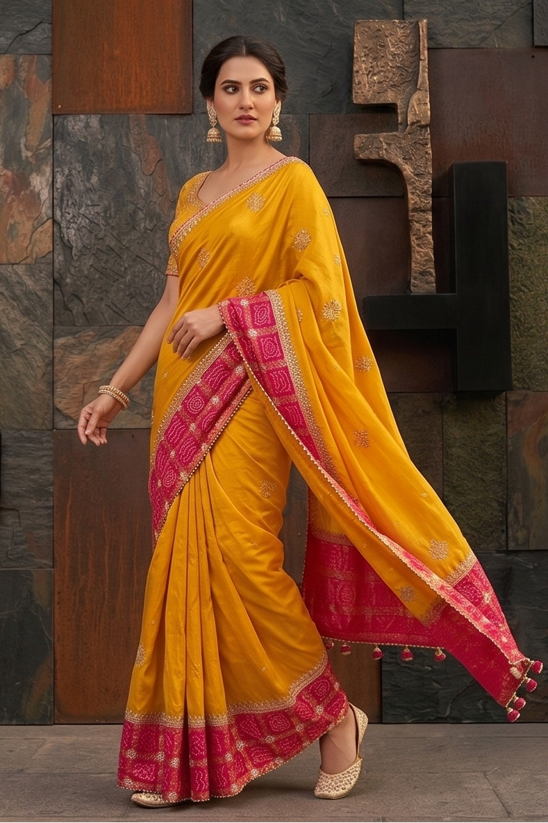Radient Yellow Embellished Dola Silk Saree