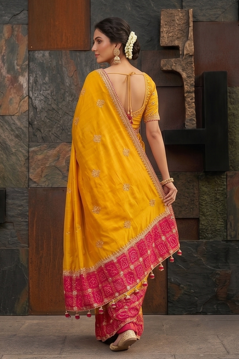 Radient Yellow Embellished Dola Silk Saree