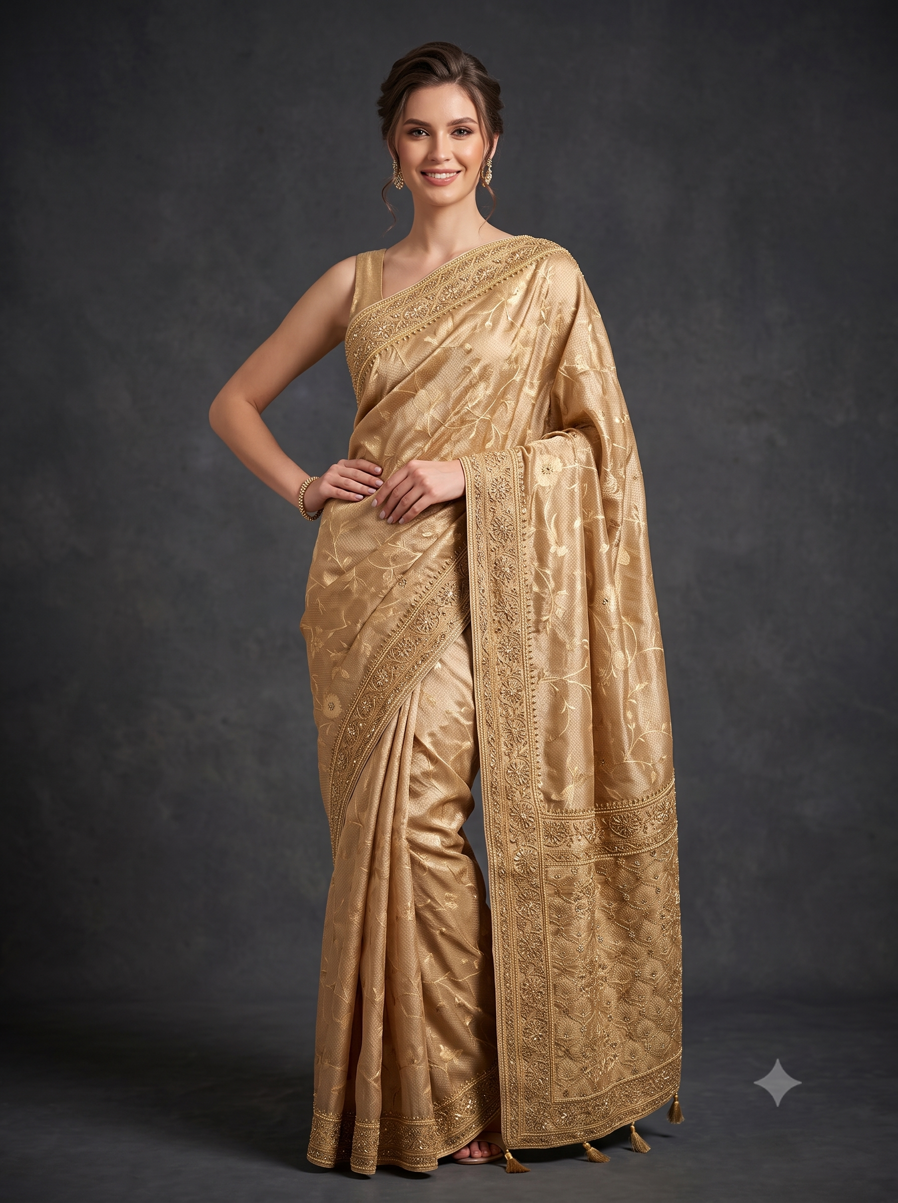 Imperial Golden Embellished Banarasi Crepe Silk Saree