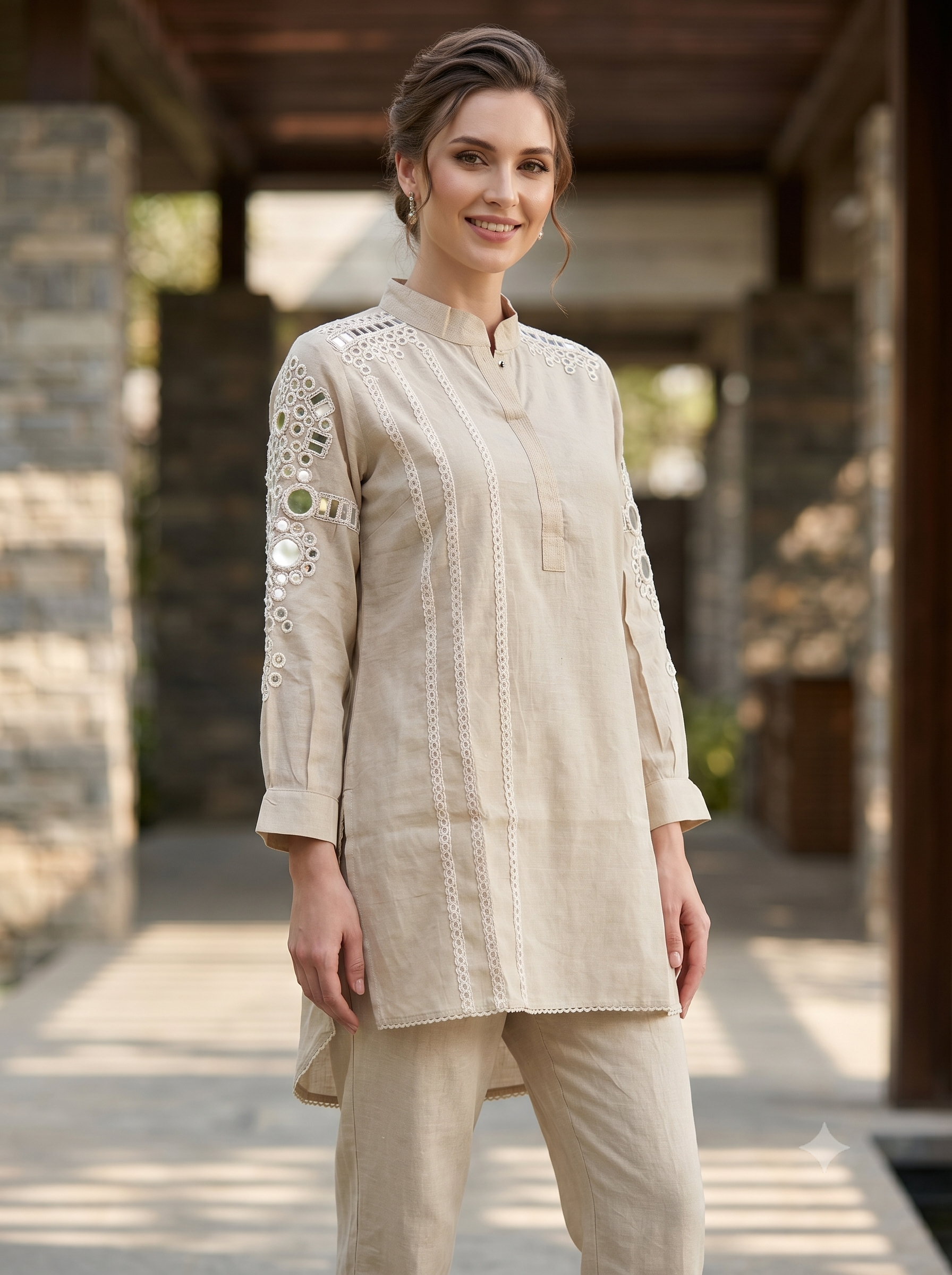 Light Beige Embellished Cotton Linen Co-Ord Set