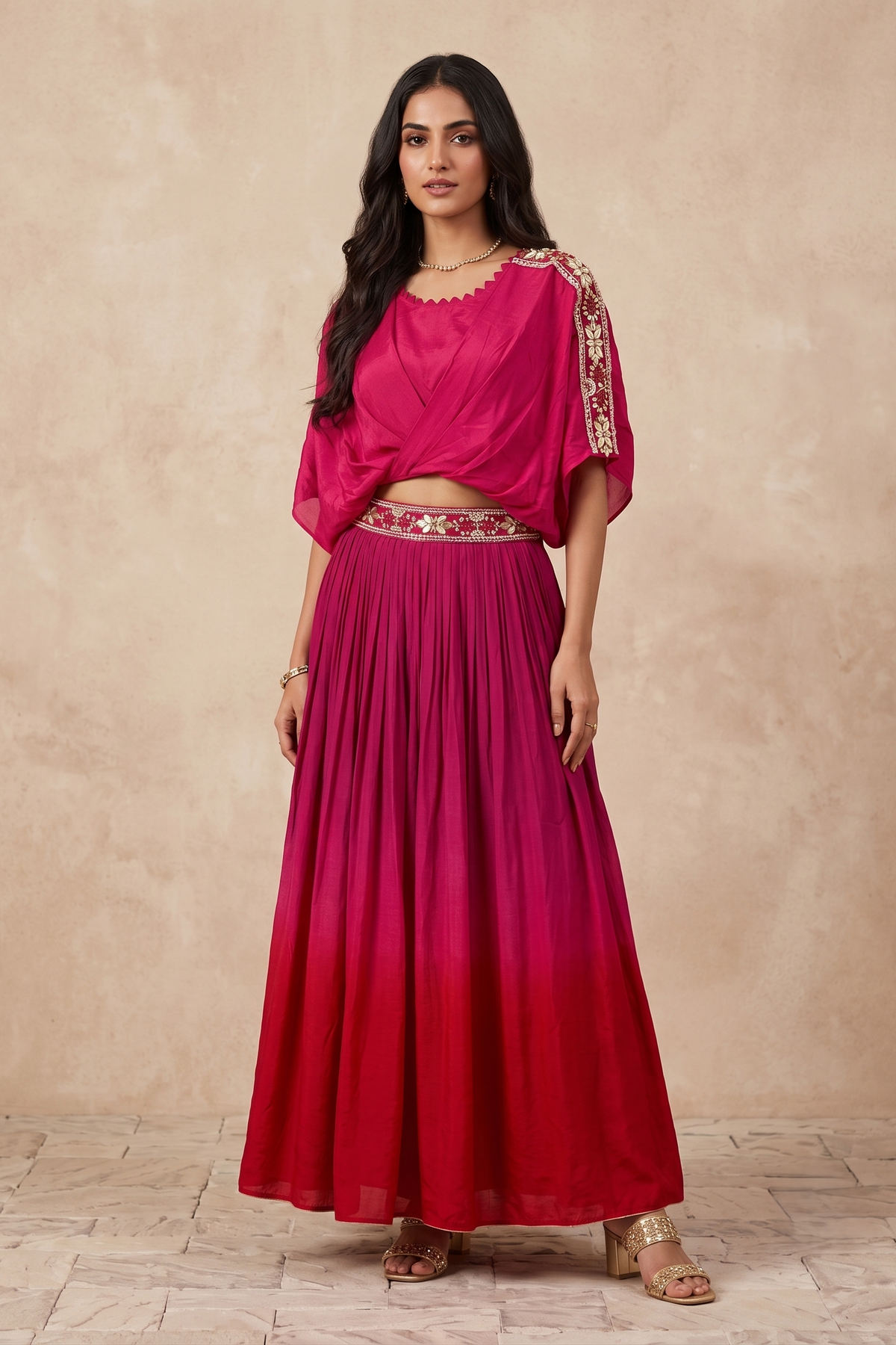 Rani Pink Embellished Crepe Silk Skirt Set