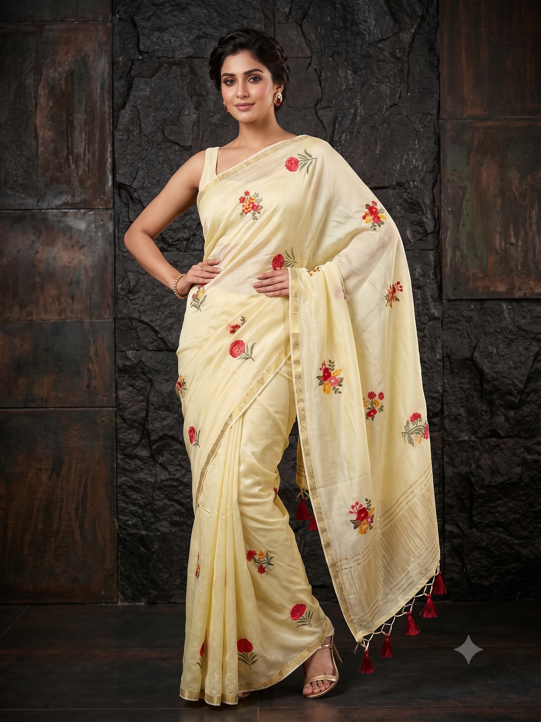 Butter Yellow Embroidered Chinon Silk Saree