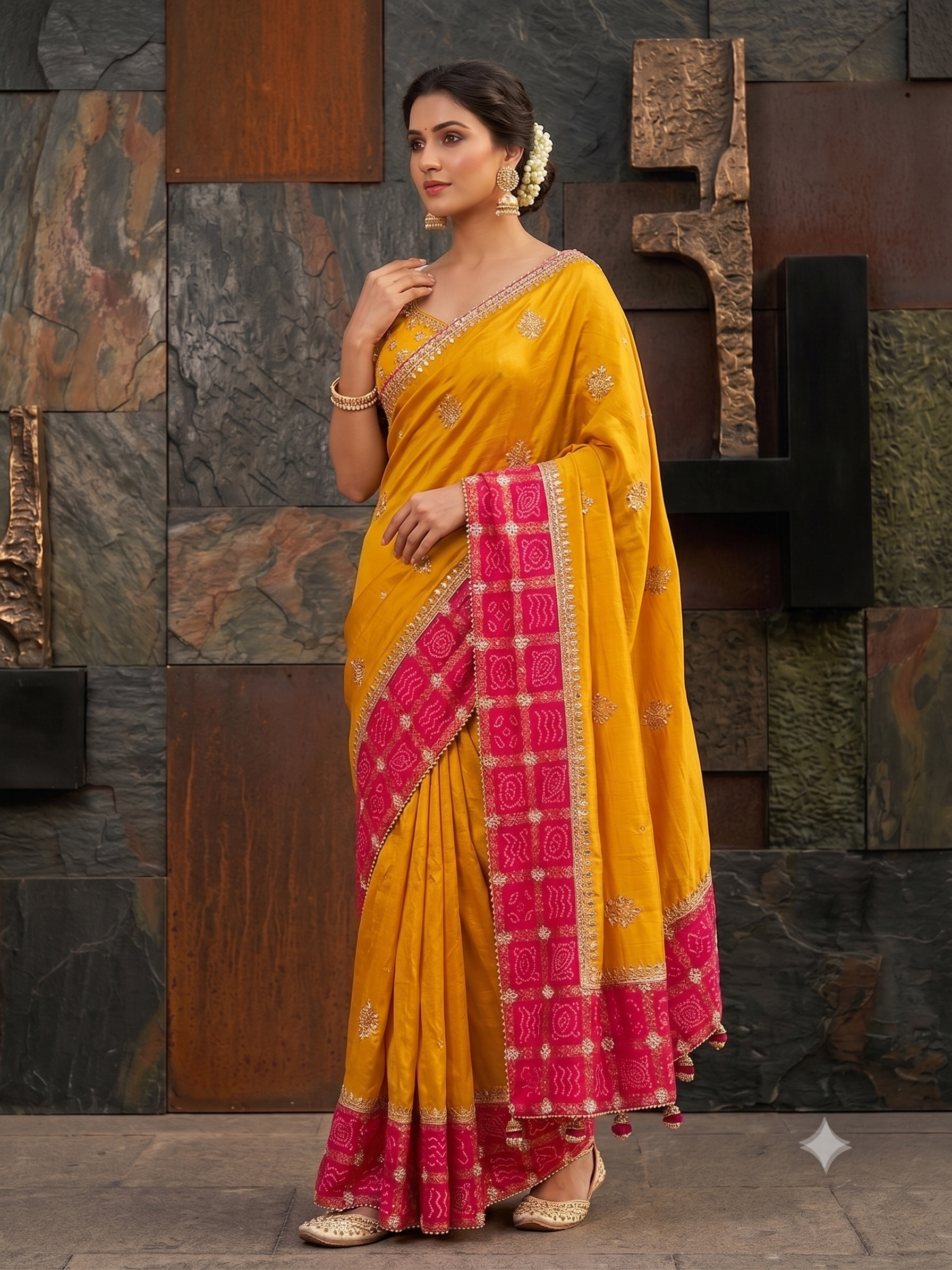 Radient Yellow Embellished Dola Silk Saree