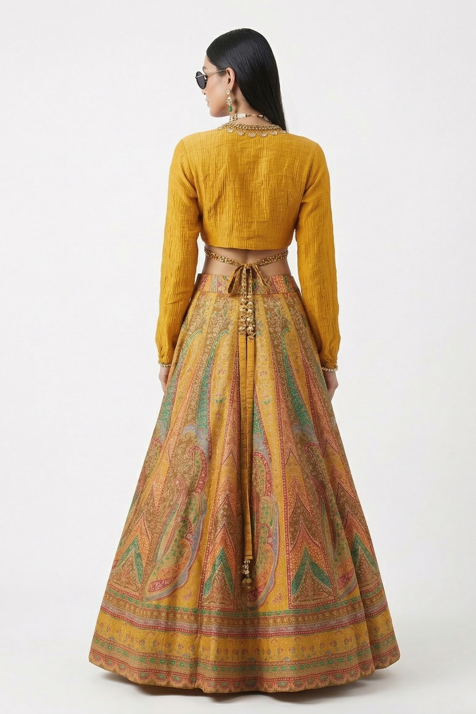 Marigold Mirage Printed Dola Silk Skirt Set