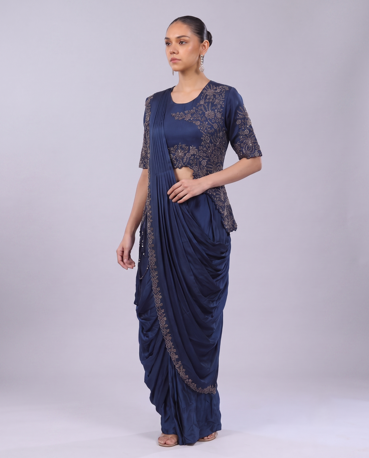 Navy Blue Embellished Satin Silk Draped Saree