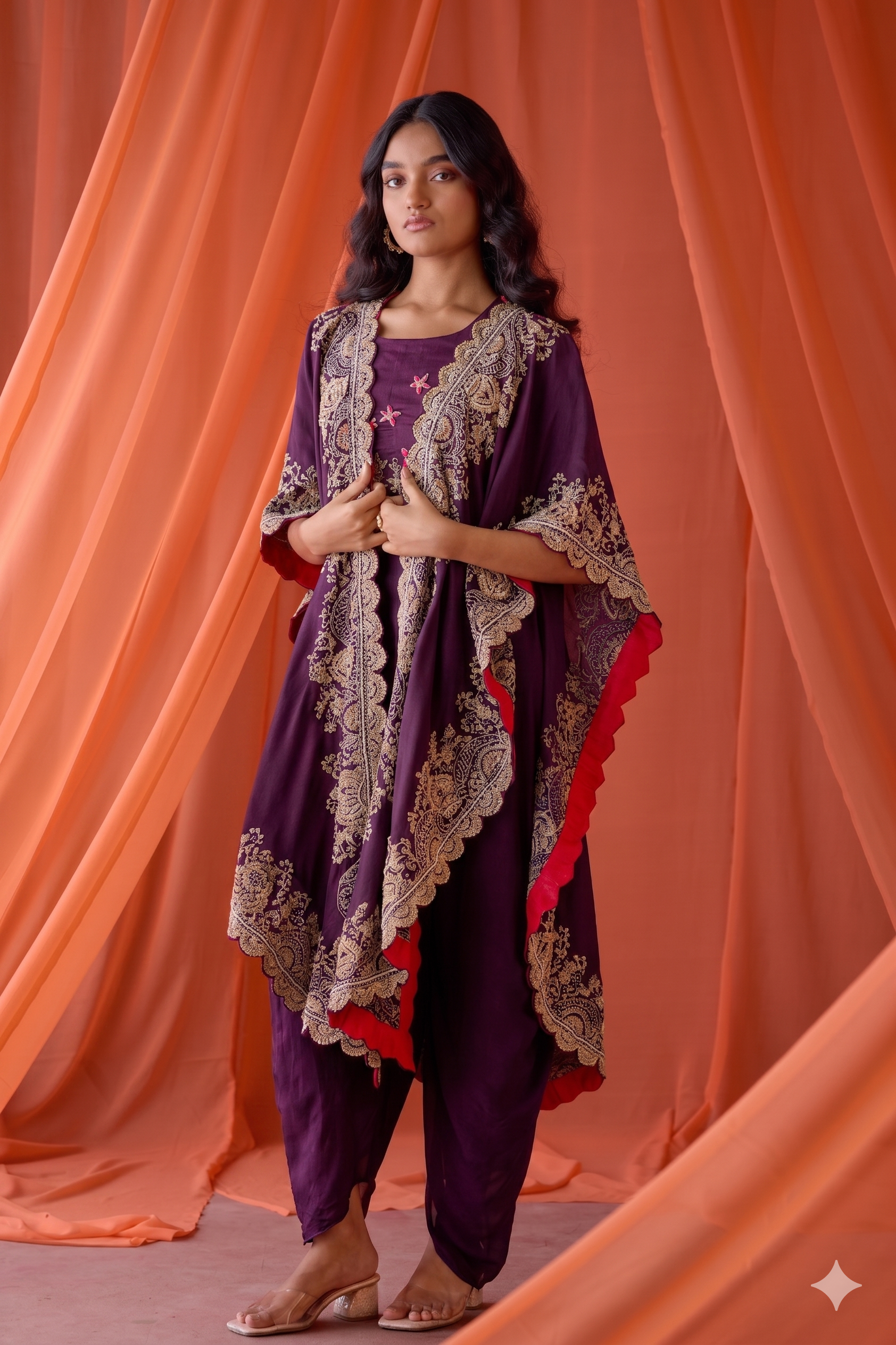 Deep Plum Embellished Raw Silk Cape Set