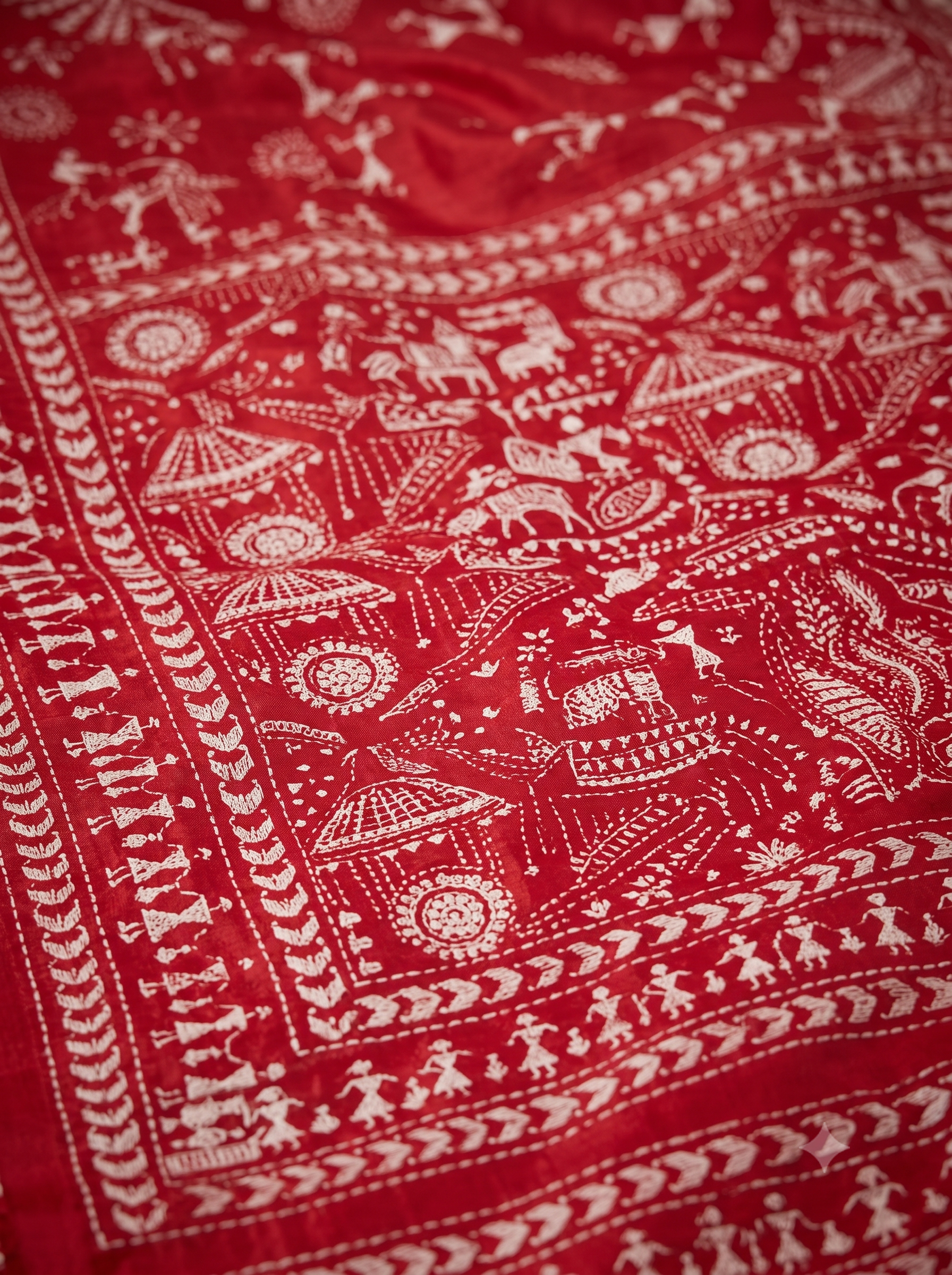 Red Scarlet Folk Kantha Pure Tussar Silk Saree