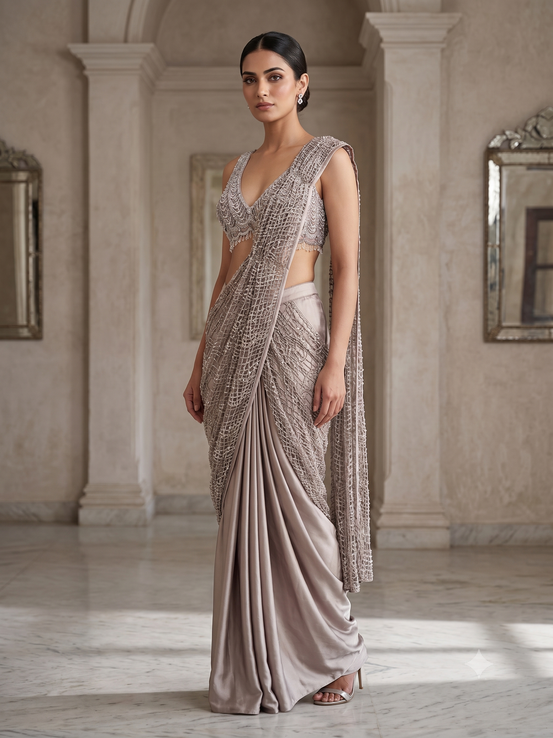 Dusty Taupe Embellished Satin Silk Saree