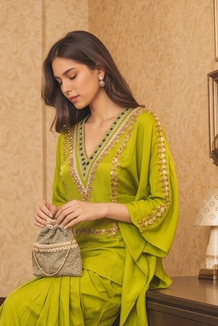 Light Green Embellished Crepe Silk Skirt Set