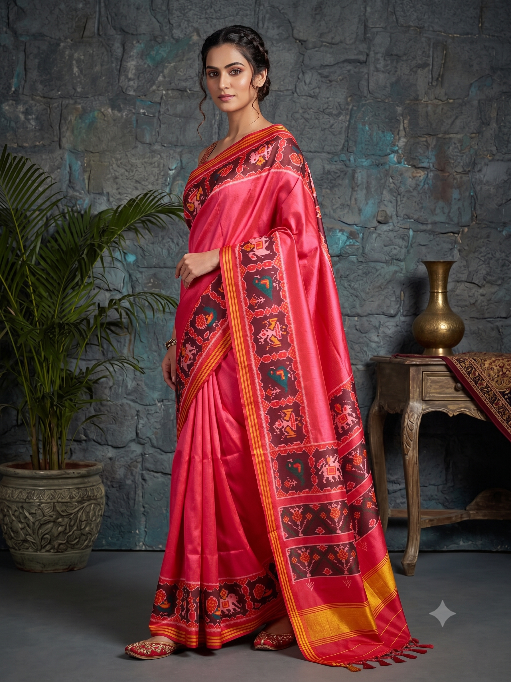 Vibrant Pink Patola Handloom Tussar Silk Saree