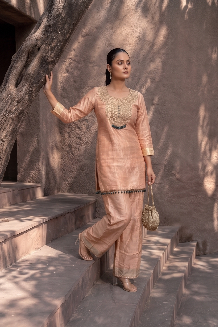 Soft Peach Embellished Brocade Silk Palazzo Set