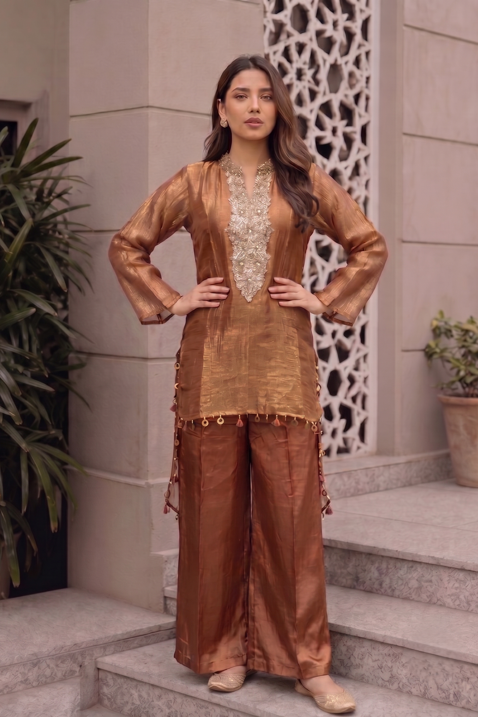 Copper Pink Embellished Shimmer Tissue Silk Co-Ord Set