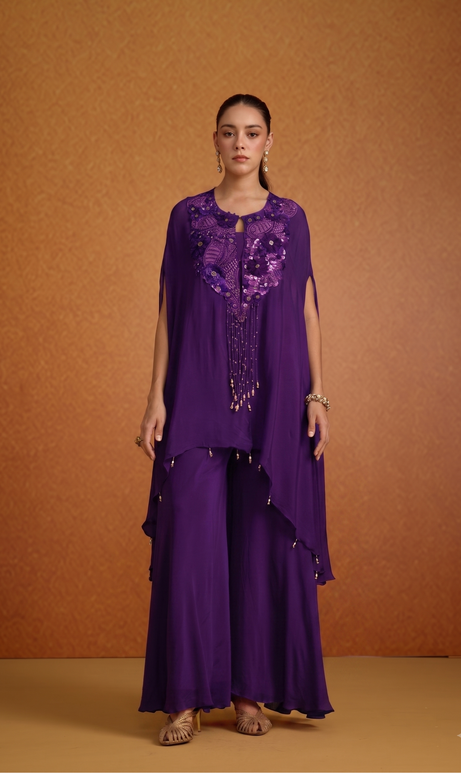 Royal Purple Embellished Chinon Silk Palazzo Set