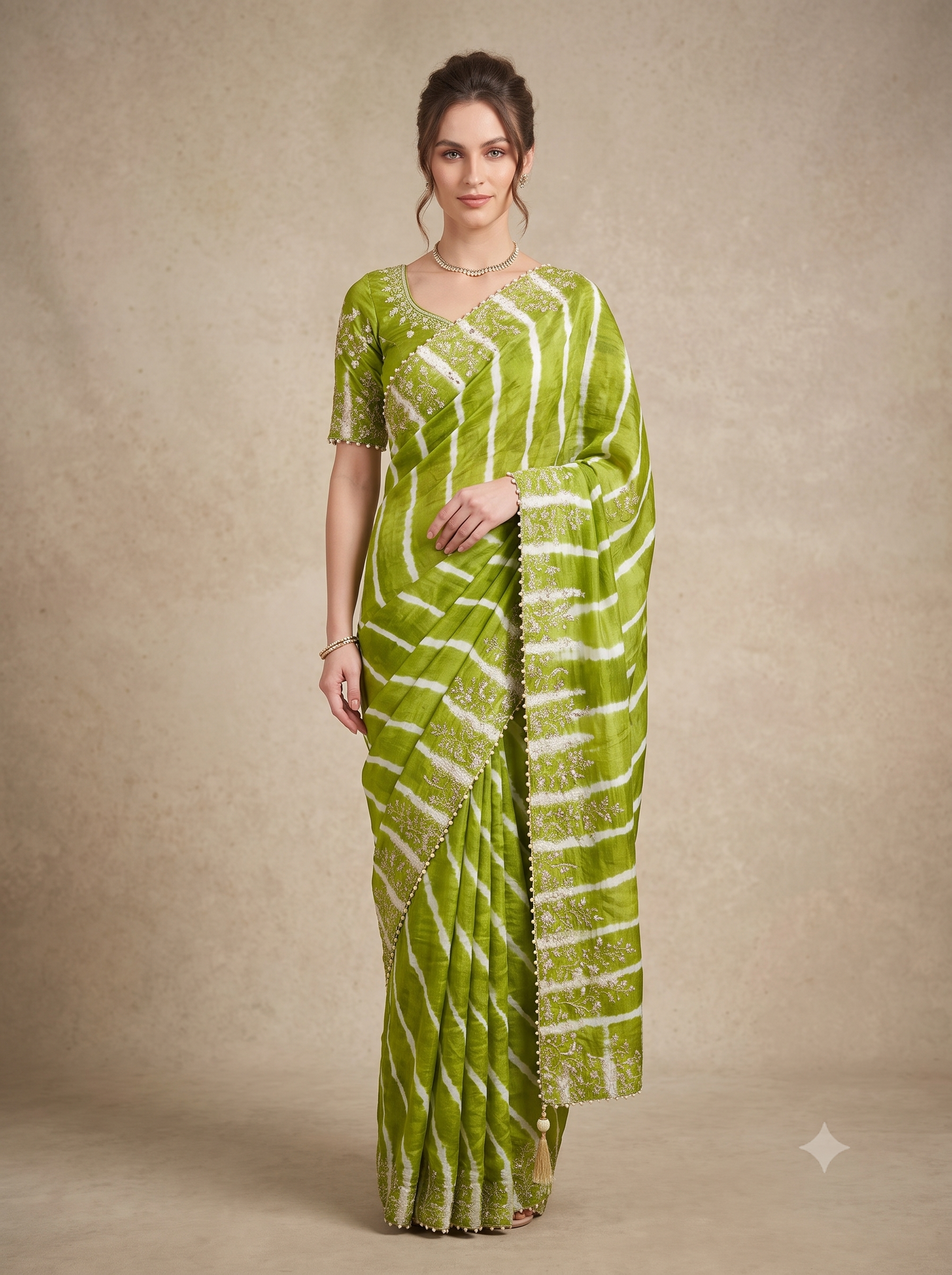 Green Embellished Crepe Silk Leheriya Saree