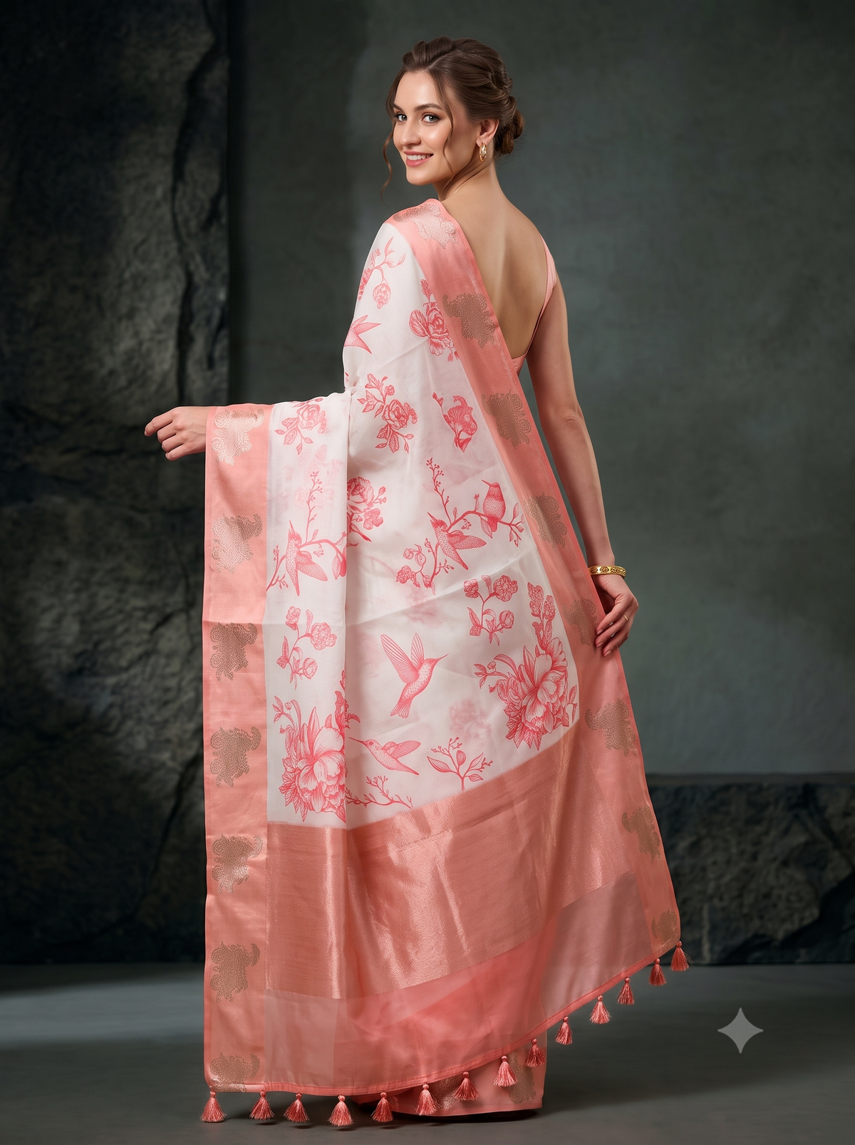 Coral Peach Printed Organza Silk Saree