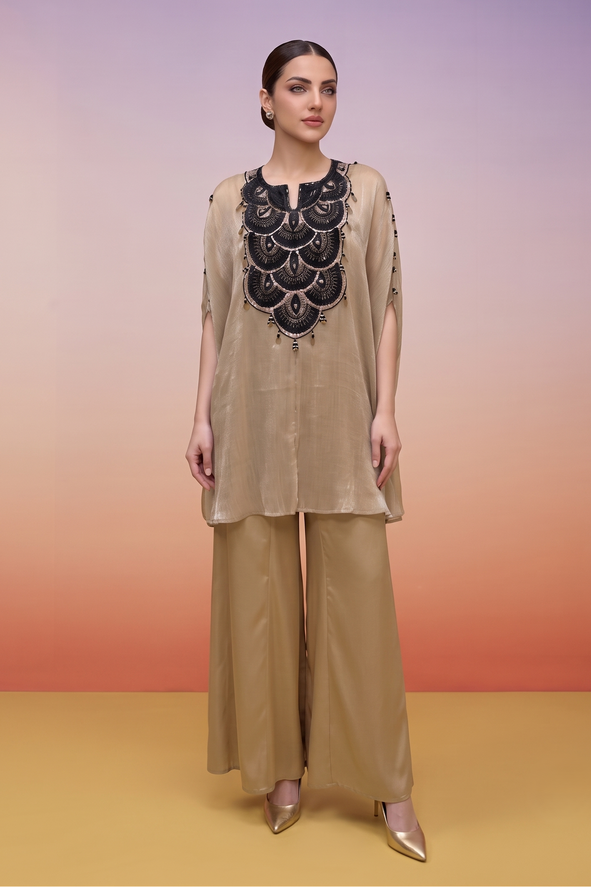 Metallic Beige Embellished Tissue Silk Palazzo Set