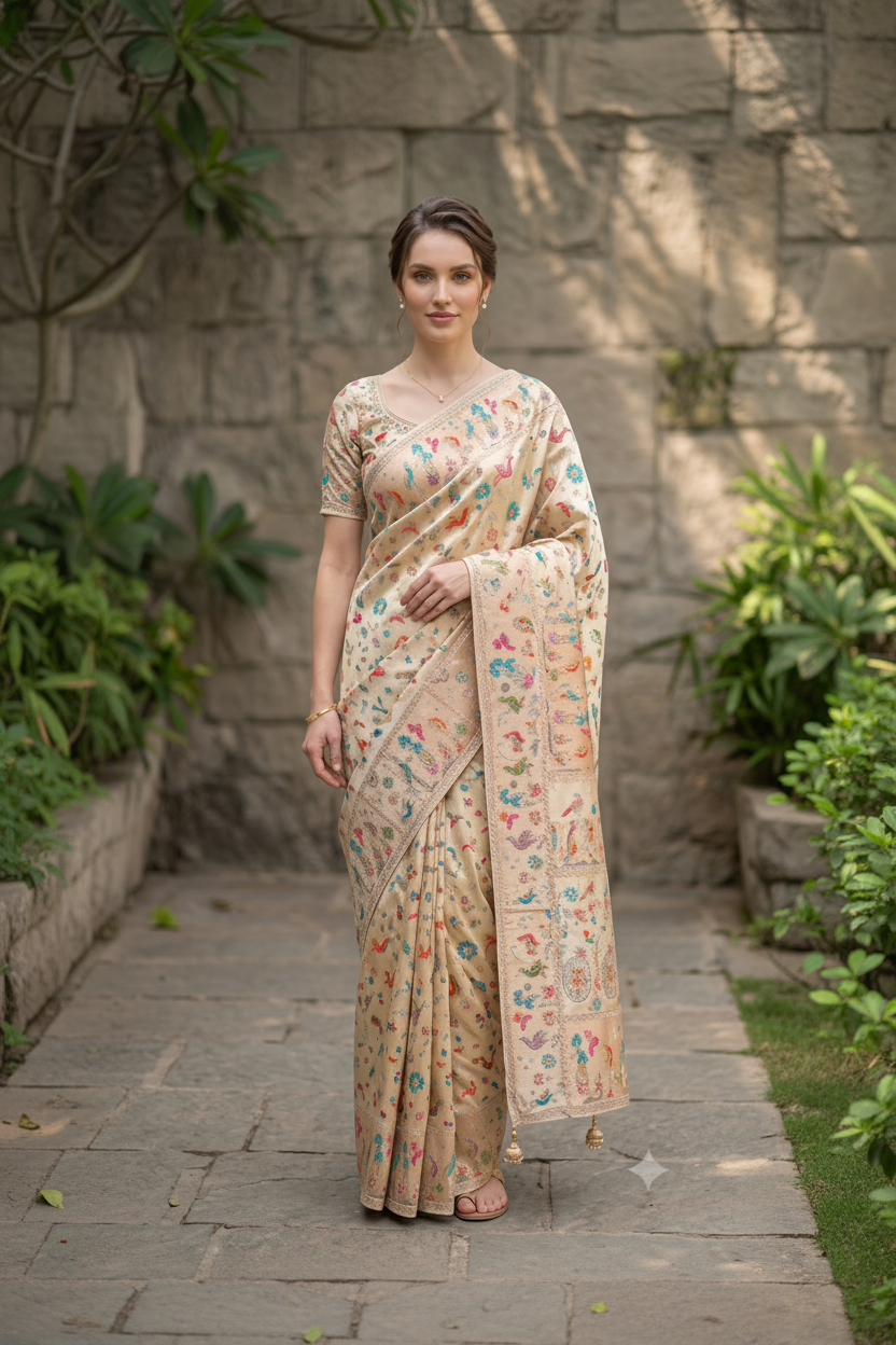 Royal Avian & Floral Embellished Pure Tissue Silk Saree