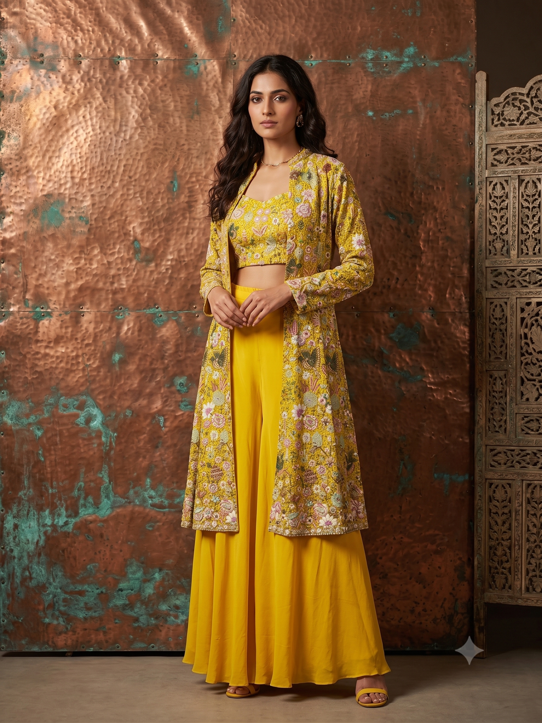 Vibrant Yellow Embellished Georgette Silk Palazzo Set