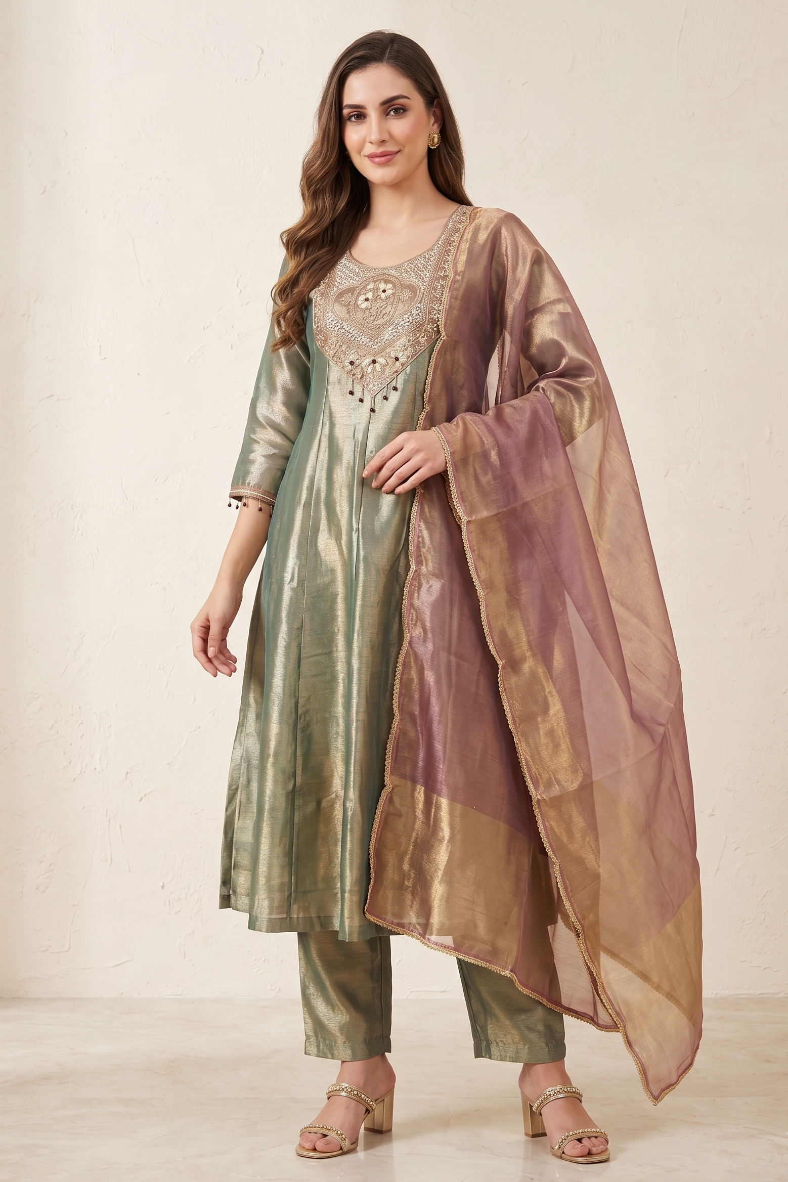 Olive Green Embellished Shimmer Organza Silk Anarkali Set