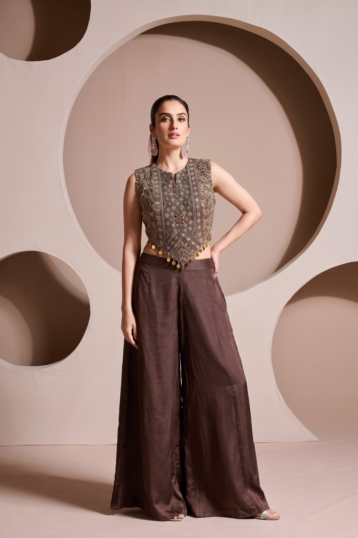 Cocoa Brown Embellished Crepe Silk Palazzo Set