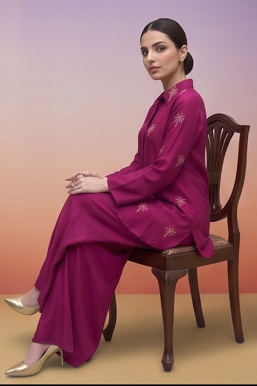 Magenta Pink Embellished Crepe Silk Co-Ord Set
