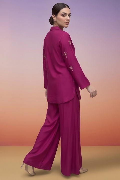 Magenta Pink Embellished Crepe Silk Co-Ord Set