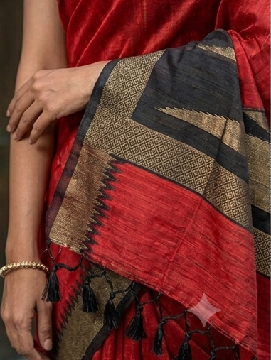 Vibrant Red Zari Handloom Tussar Silk Saree
