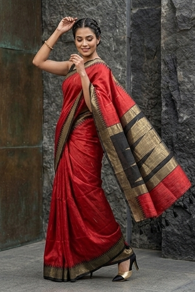 Vibrant Red Zari Handloom Tussar Silk Saree