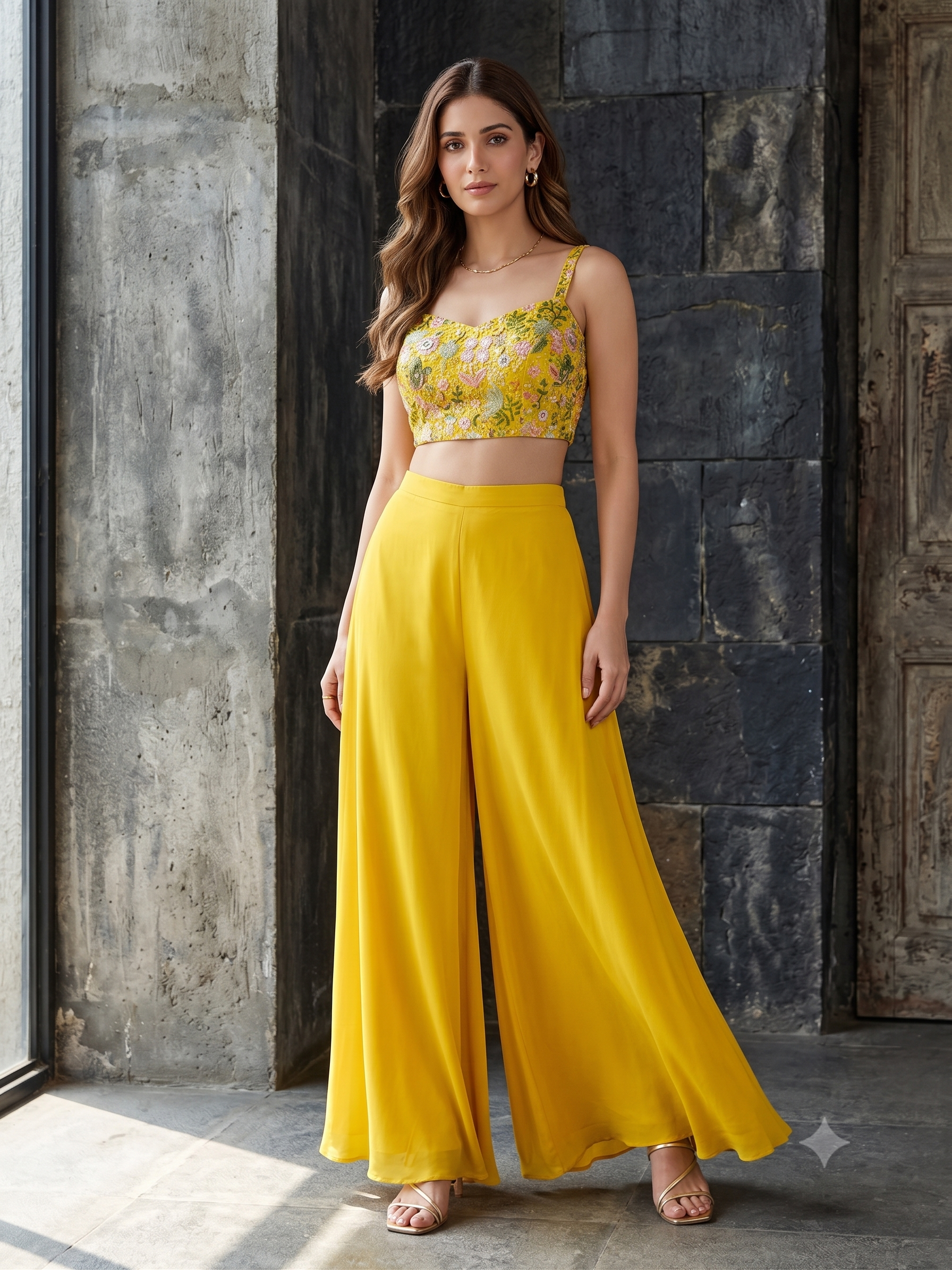 Vibrant Yellow Embellished Georgette Silk Palazzo Set