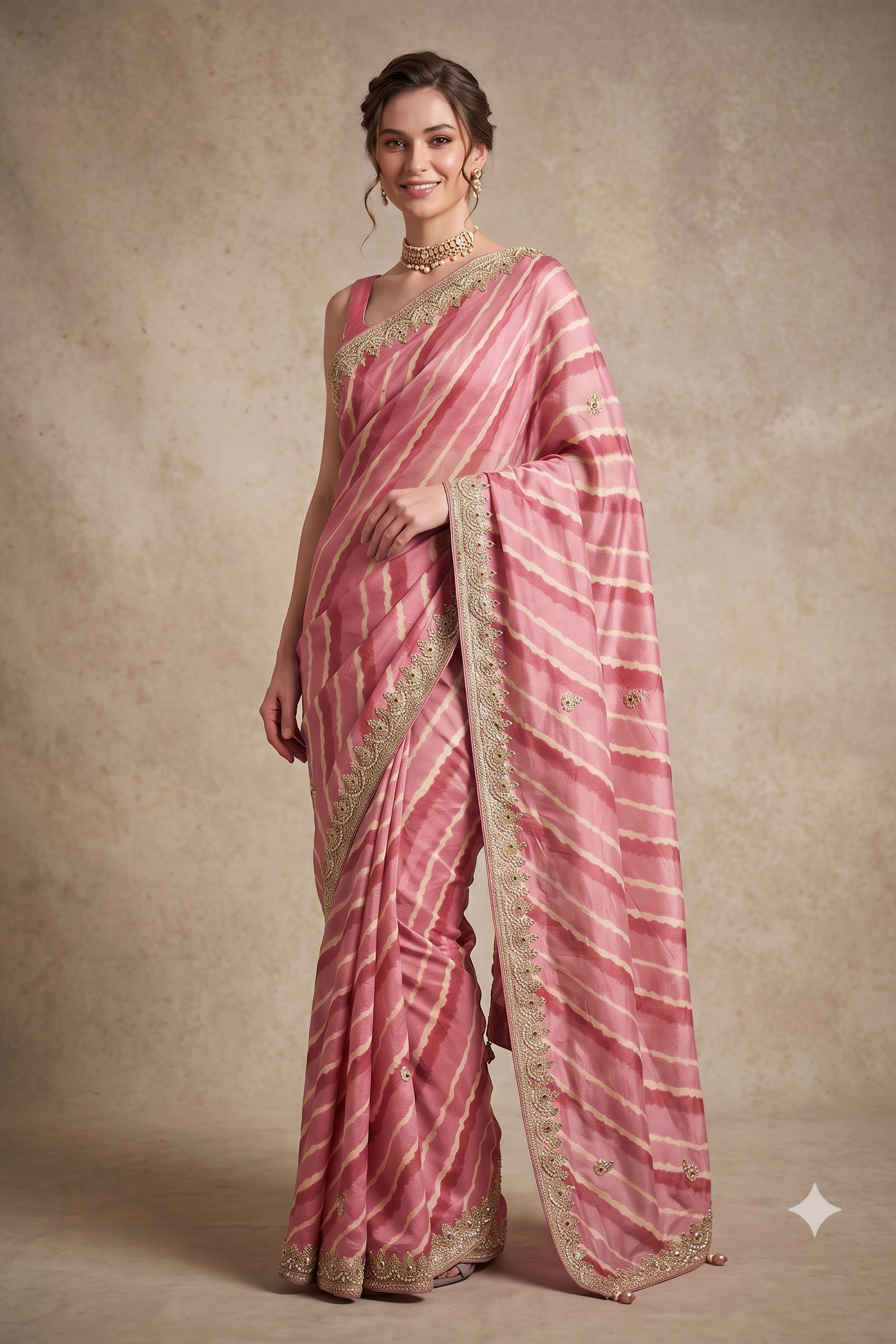 Pastel Pink Embellished Tussar Silk Leheriya Saree