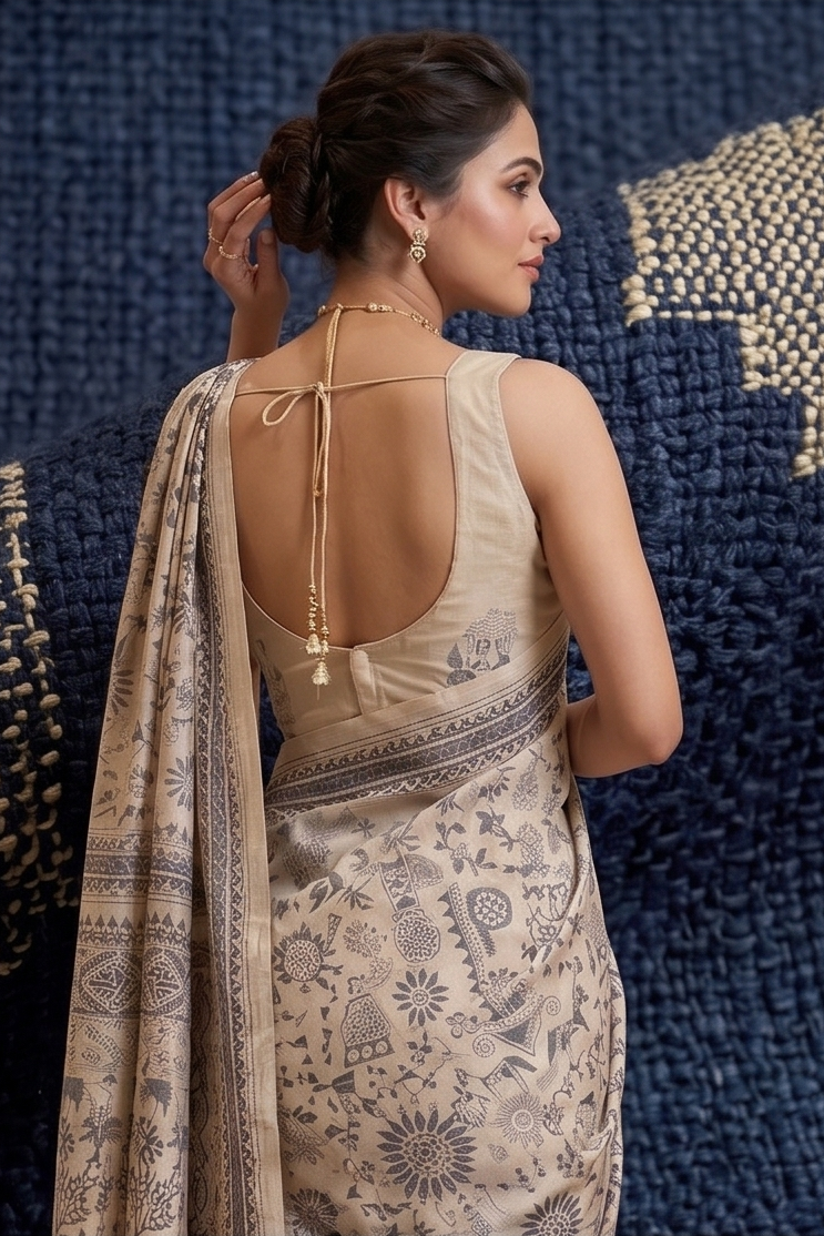 Ivory Kalamkari Embroidered Pure Tussar Silk Saree