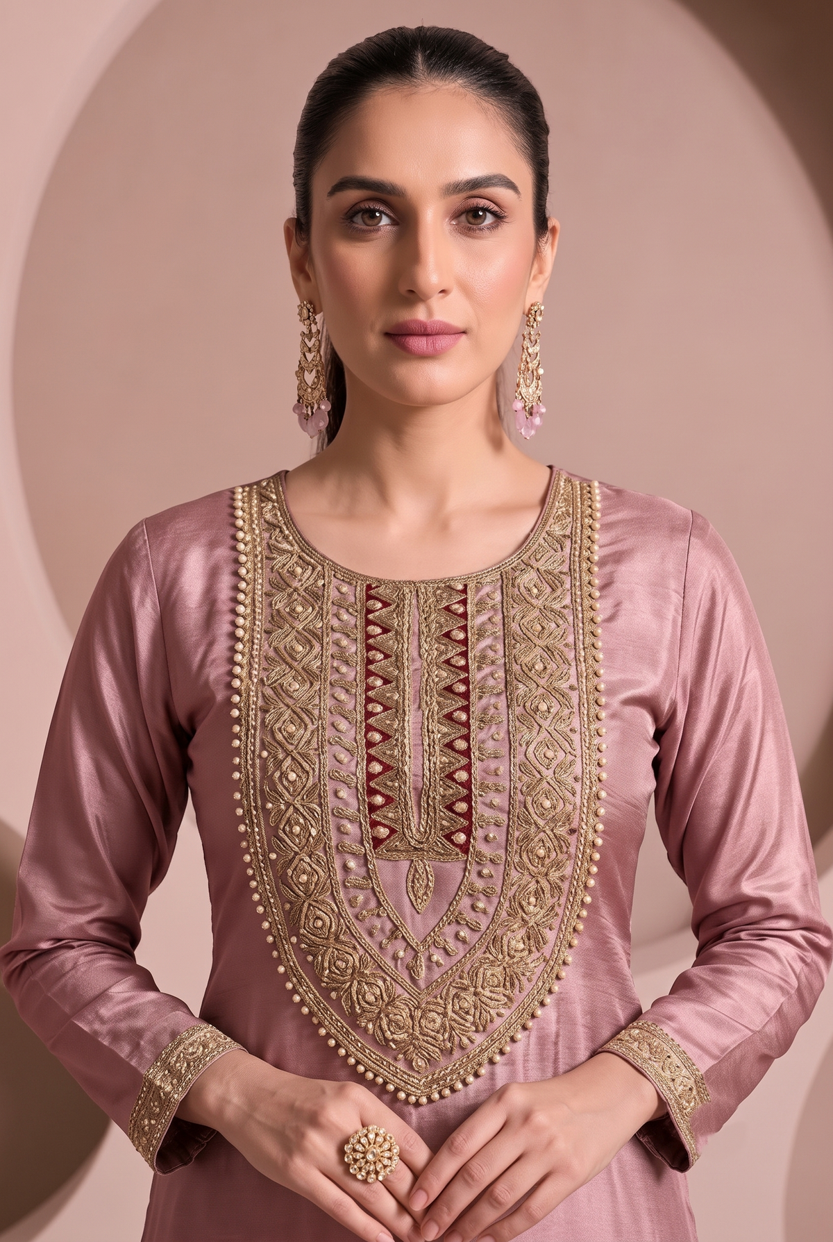 Dusty Pink Embellished Brocade Silk Pant Set