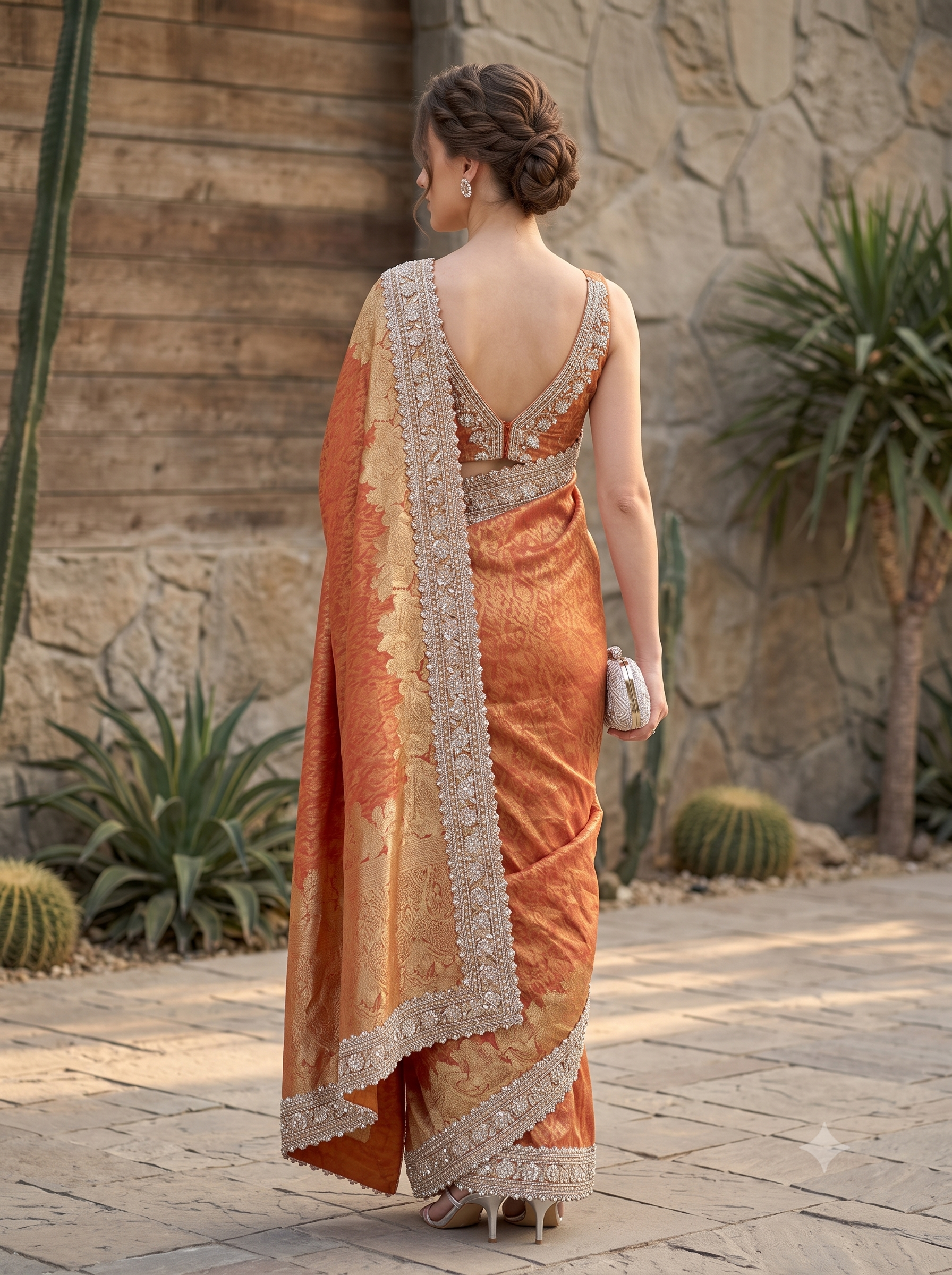 Rust Peach Embellished Shimmer Tissue Silk Saree