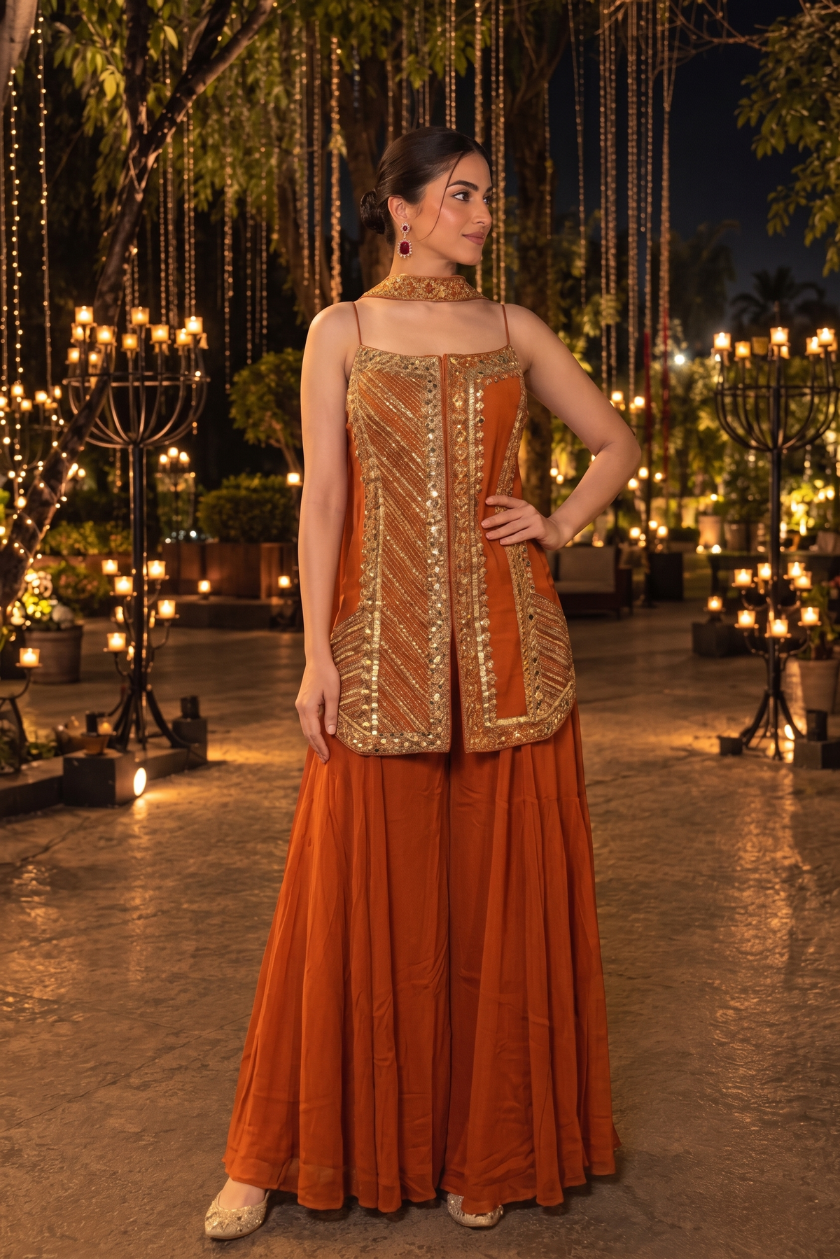 Melon Orange Embellished Crepe Silk Palazzo Set