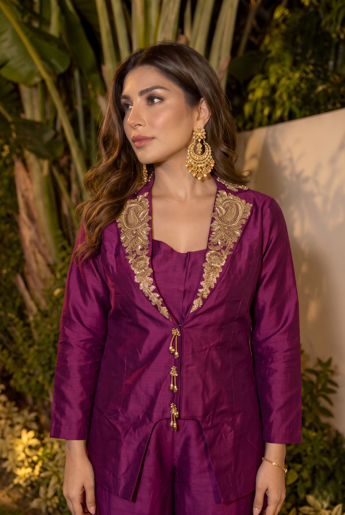 Deep Wine Embellished Dola Silk Palazzo Set