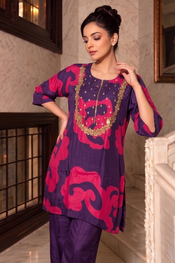Regal Purple Embellished Crepe Silk Co-Ord Set