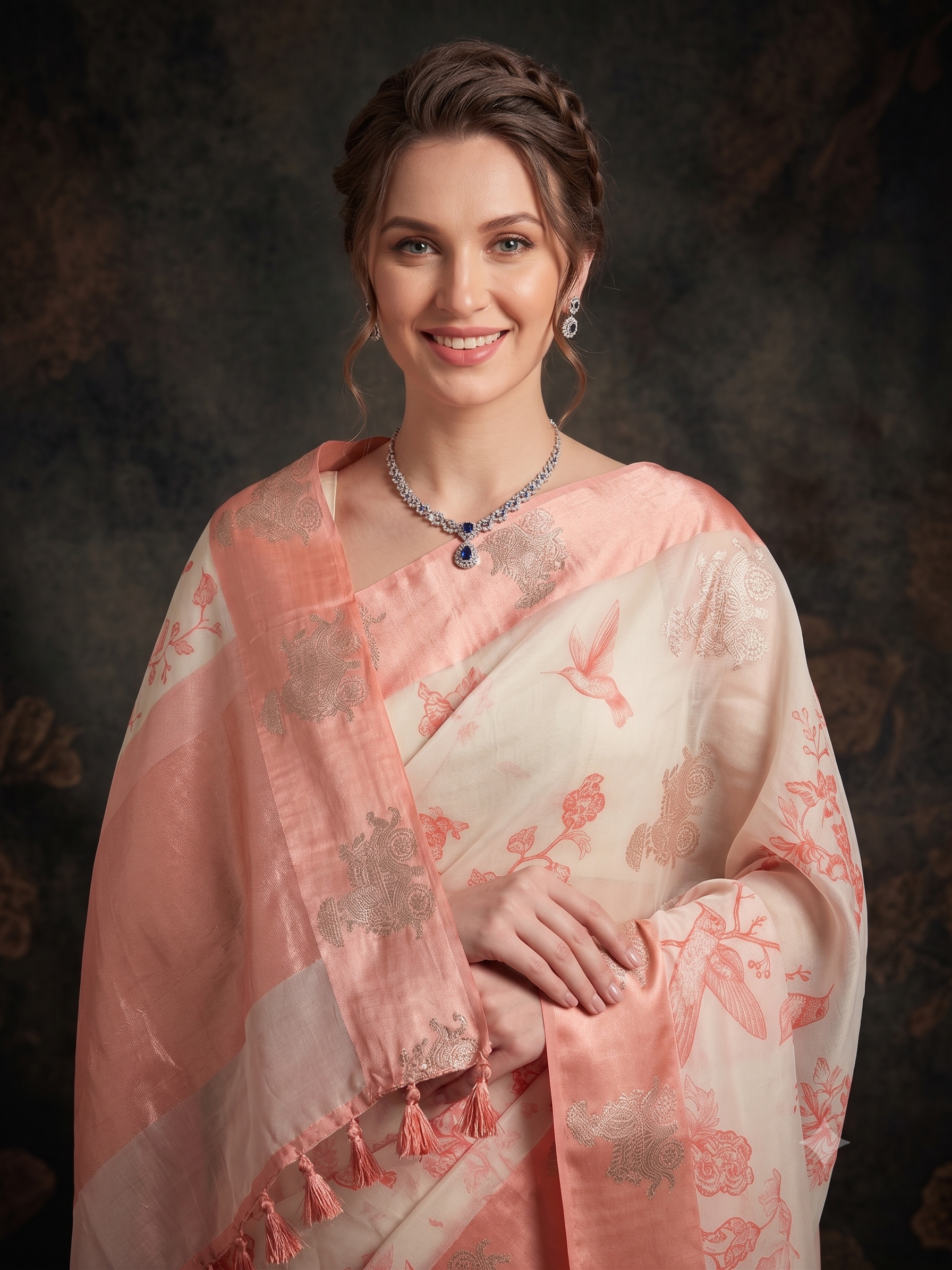 Coral Peach Printed Organza Silk Saree