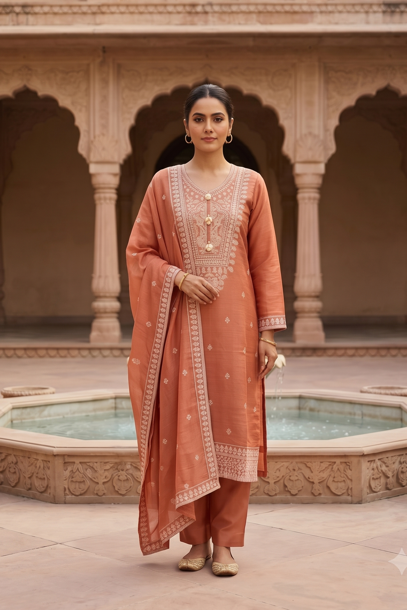 Apricot Embroidered Mul-Chanderi Silk Pant Set