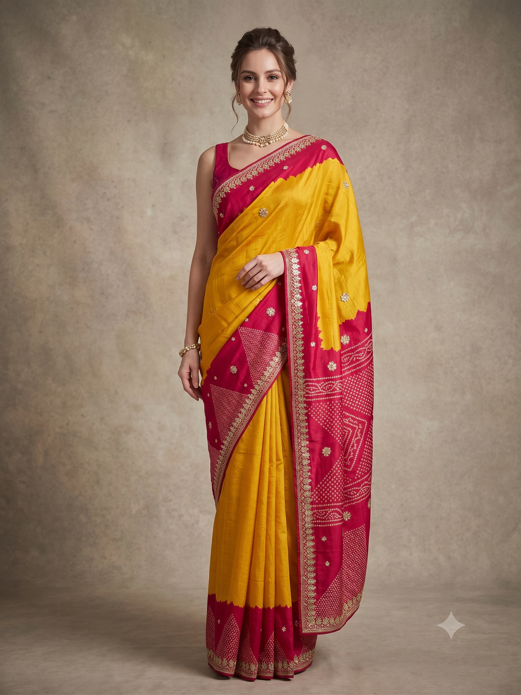 Sunlit Marigold Bandhej Pure Tussar Silk Saree