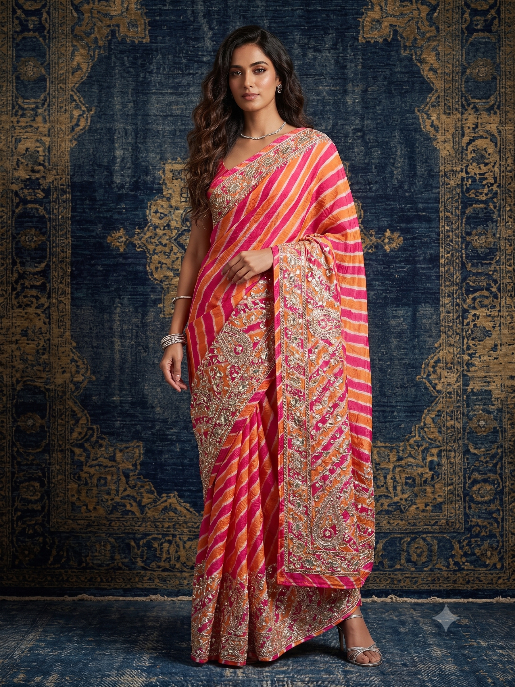Coral Blush Embellished Tussar Silk Leheriya Saree