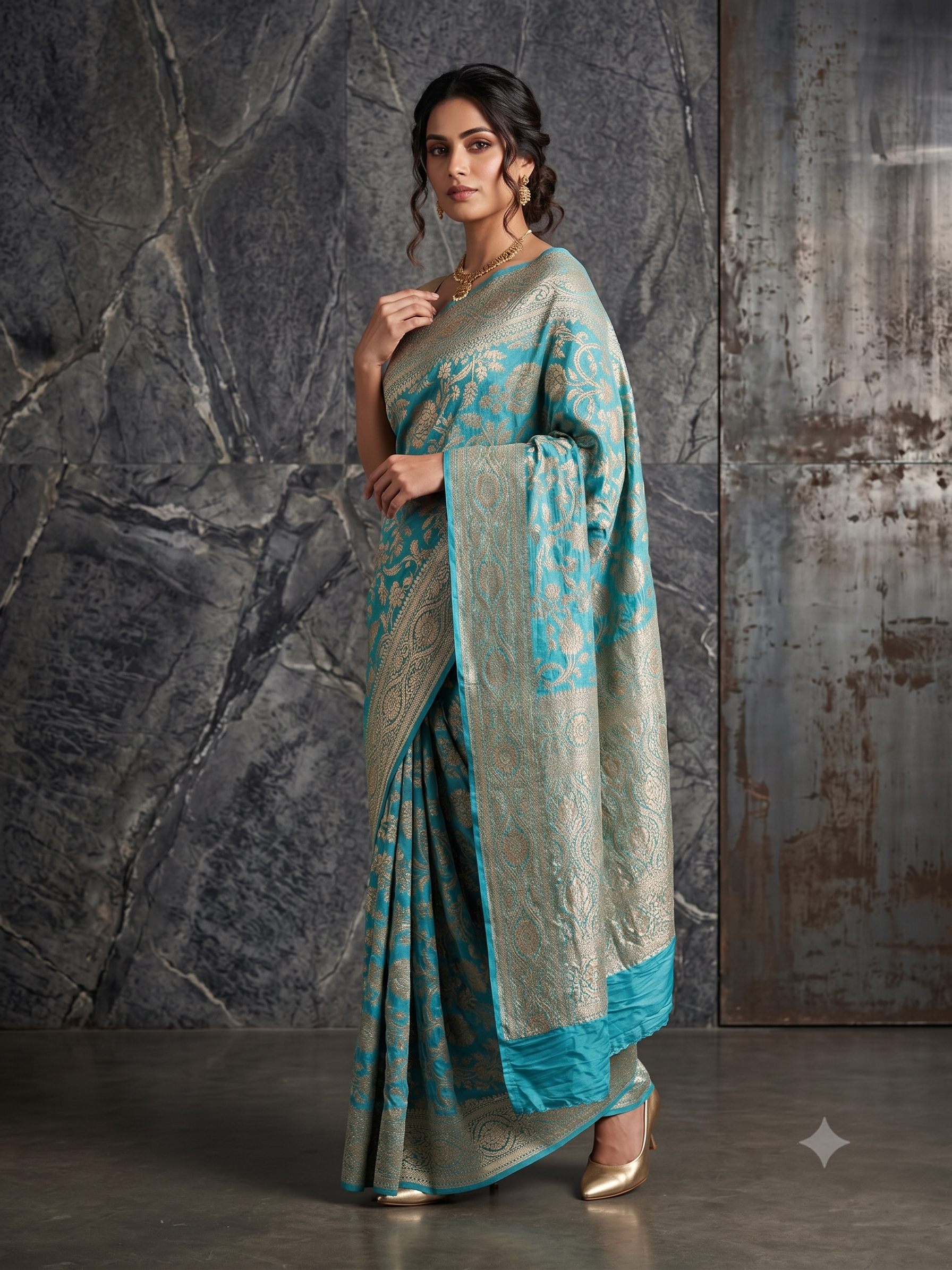 Turquoise Blue Zari Woven Georgette Silk Saree
