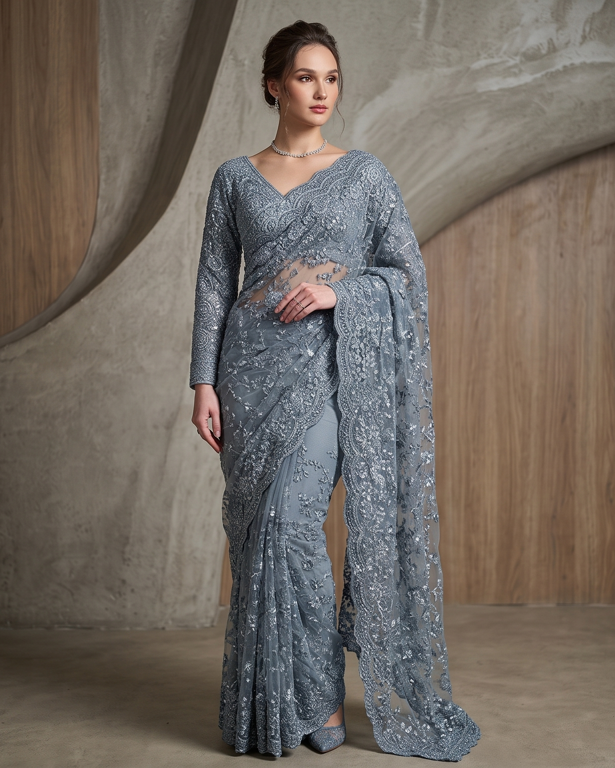 Moonlight Blue Embellished Premium Net Saree