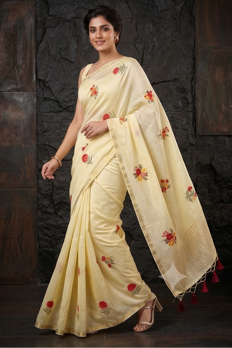 Butter Yellow Embroidered Chinon Silk Saree