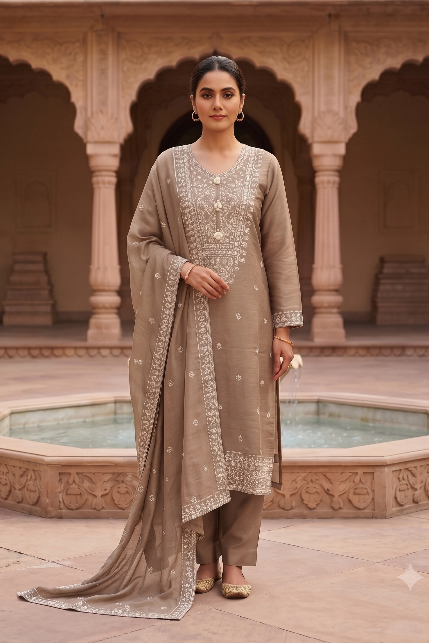 Taupe Embroidered Mul-Chanderi Silk Pant Set