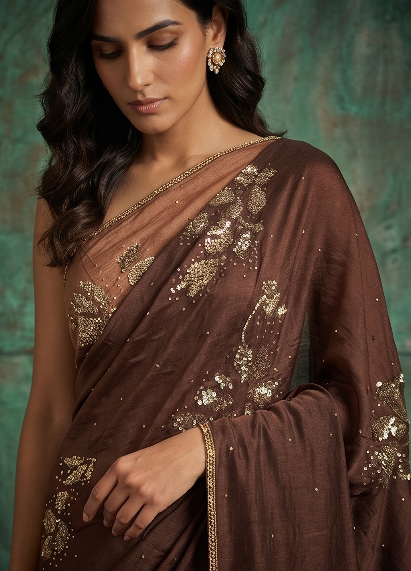 Coffee Brown Embellished Chinon Crepe Silk Saree