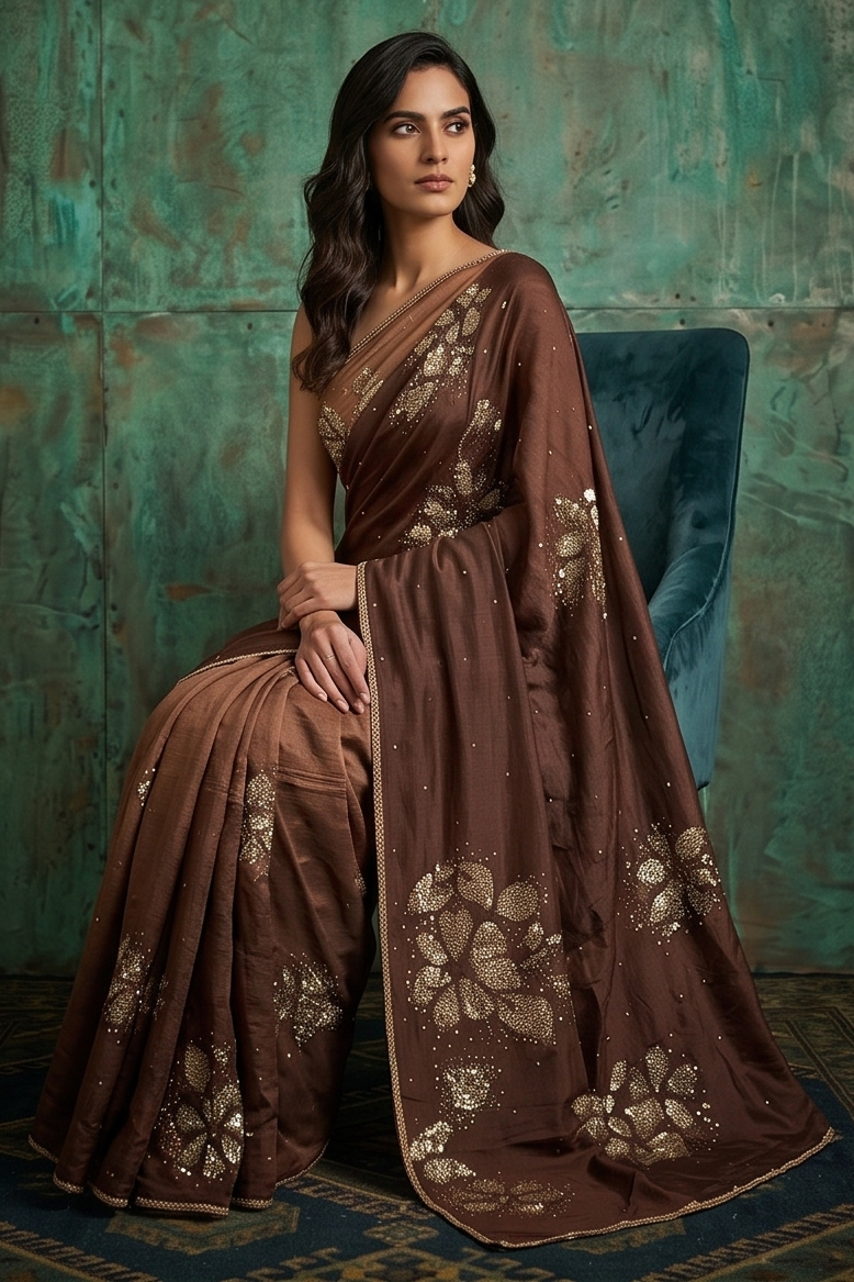 Coffee Brown Embellished Chinon Crepe Silk Saree
