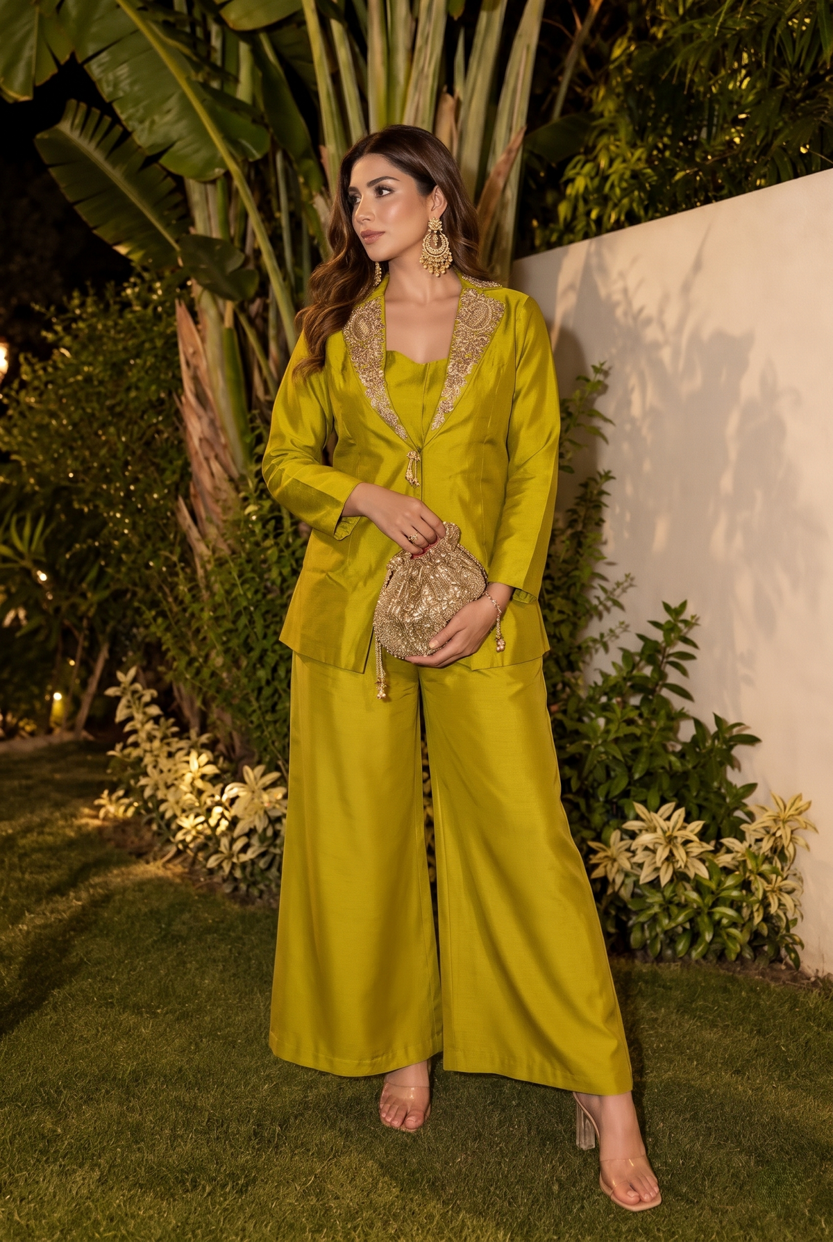 Pear Green Embellished Dola Silk Palazzo Set