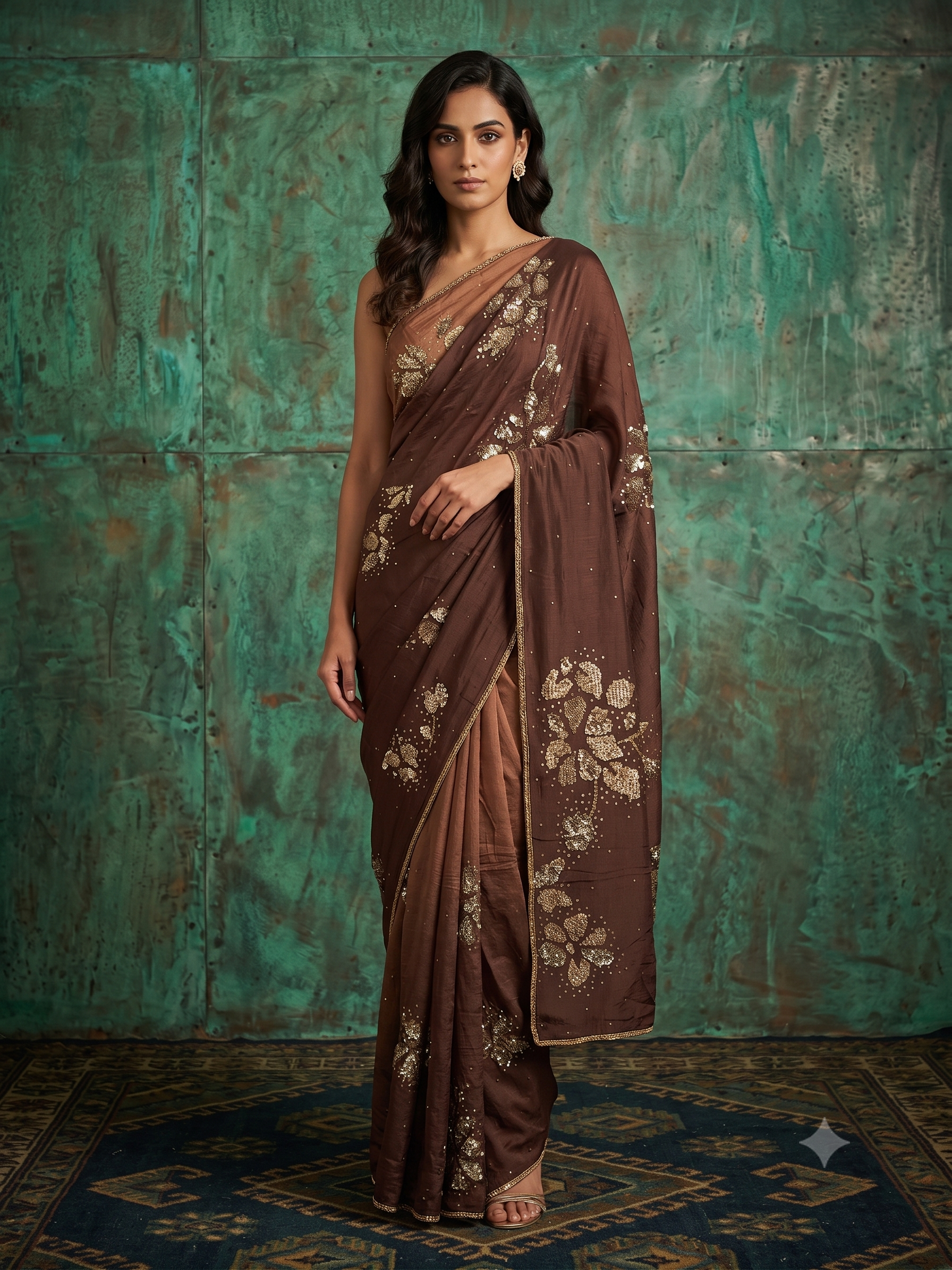 Coffee Brown Embellished Chinon Crepe Silk Saree