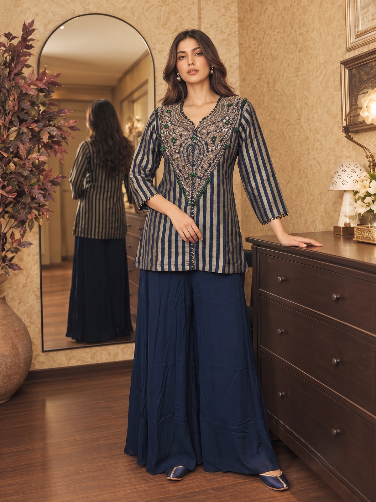 Dark Navy Embellished Crepe Silk Co-Ord Set