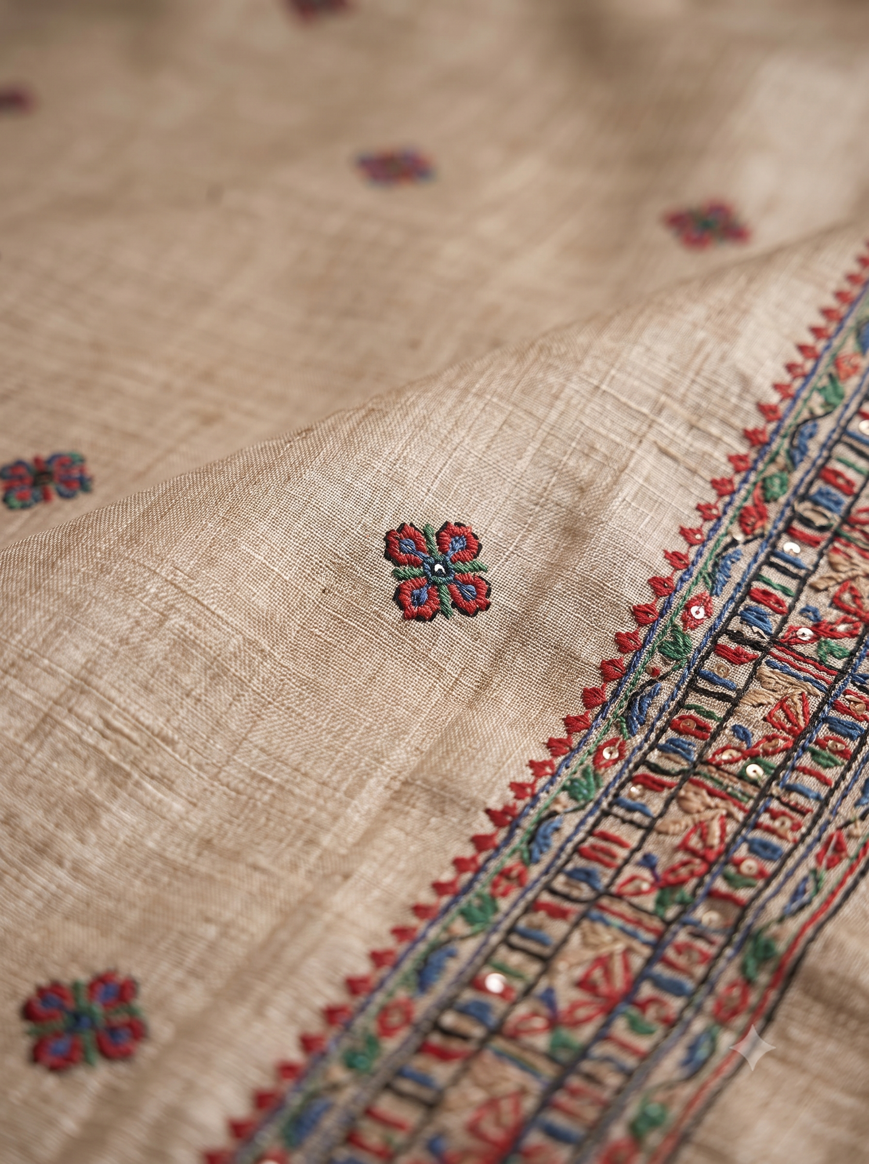 Beige Embroidered Pure Tussar Silk Saree
